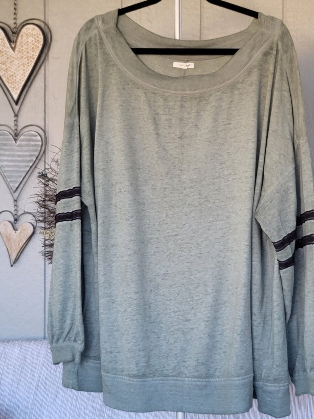 Maurices Plus Size 3X Sage Green Varsity Stripe Slouchy Boat Neck Pullover